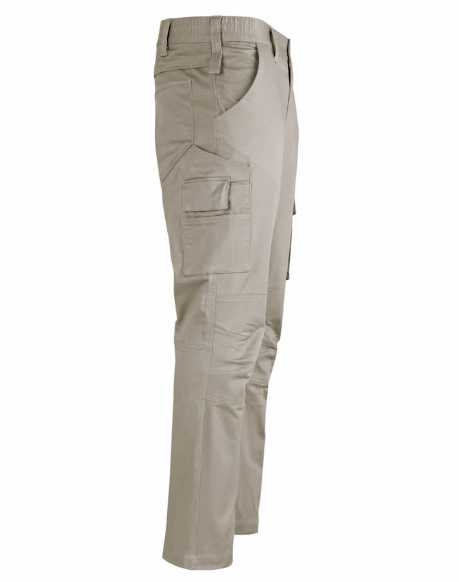 Unisex cotton stretch ripstop work pants in a light tan colour, featuring multiple pockets and a logo.