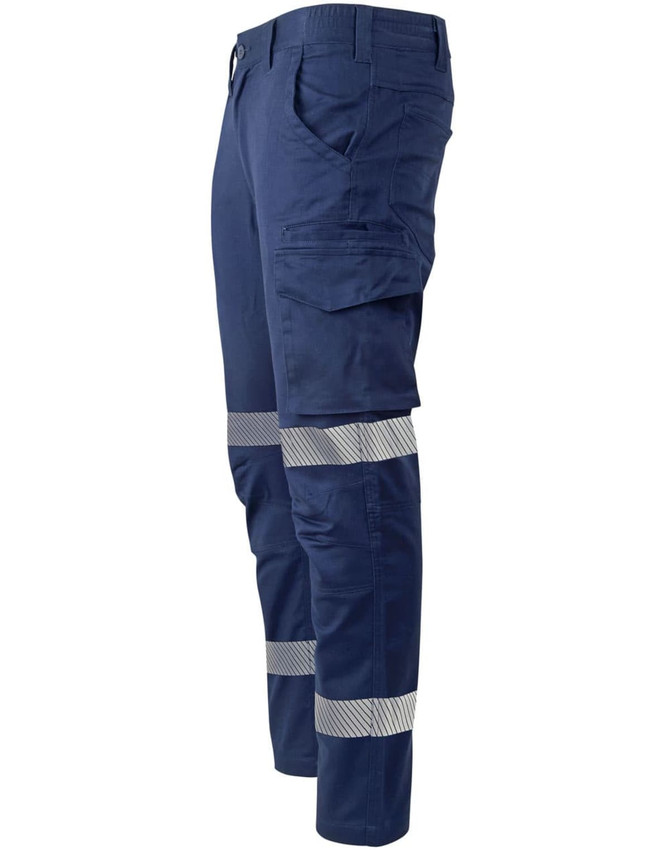 Unisex cotton stretch ripstop segmented work pants in navy blue featuring reflective stripes and multiple pockets.