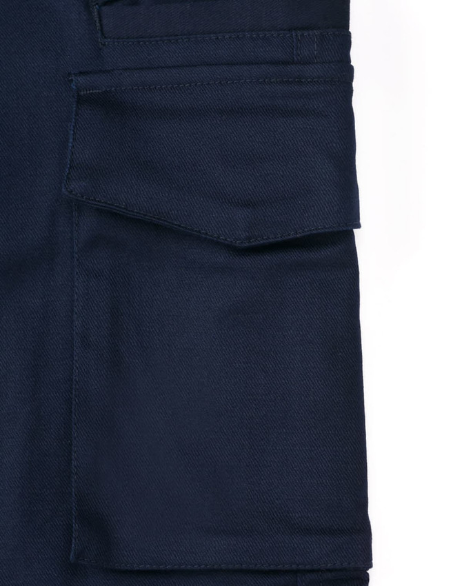 Navy unisex cotton stretch ripstop segmented work pants featuring multiple cargo pockets and a logo.