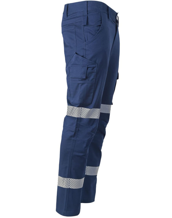 Unisex cotton stretch ripstop segmented work pants in navy blue with reflective stripes. Includes multiple pockets and a logo.