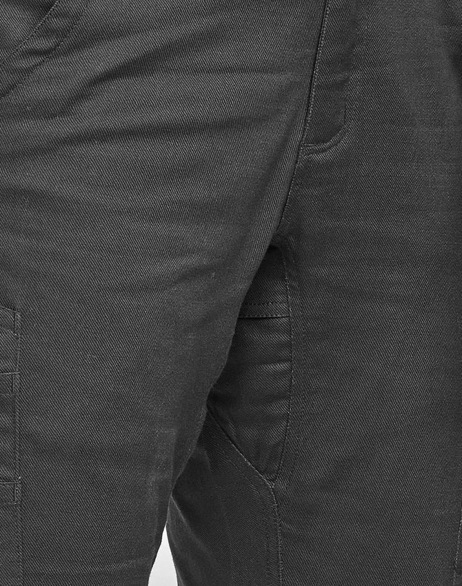 Unisex cotton stretch ripstop work shorts in dark grey, featuring a side pocket and visible stitching details.