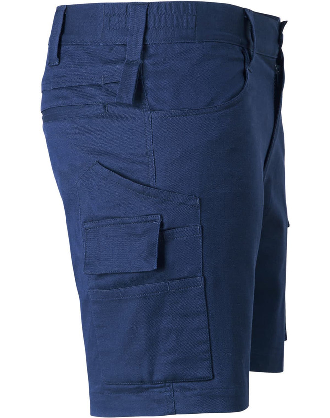 Unisex cotton stretch ripstop work shorts in navy, featuring multiple pockets and a fitted design.