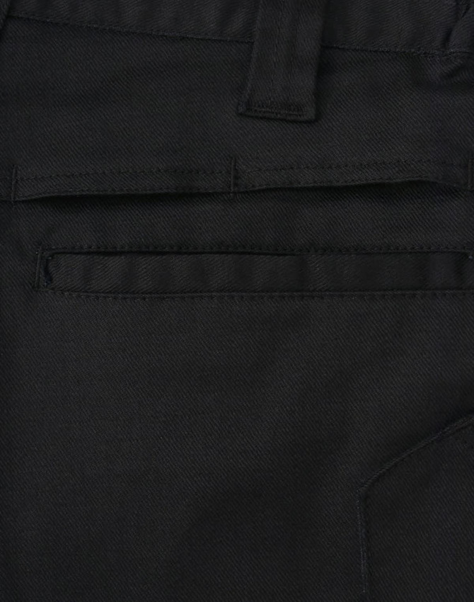 Close-up of black unisex cotton stretch ripstop work shorts, featuring a back pocket and visible stitching details.