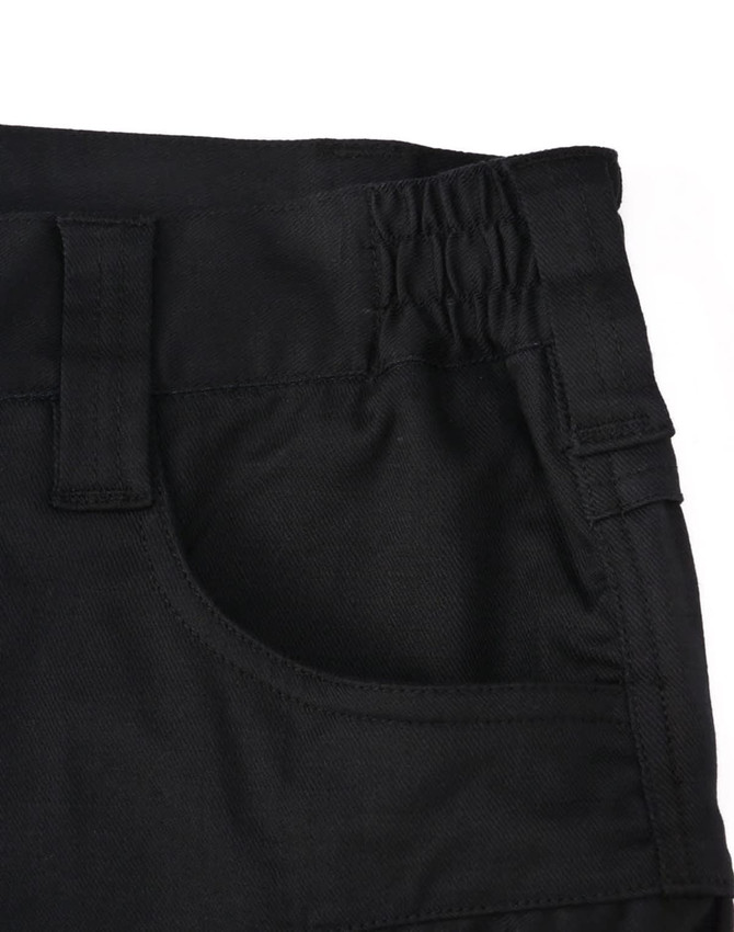 A close-up of black unisex cotton stretch ripstop work shorts, featuring an elastic waistband and pocket detail.