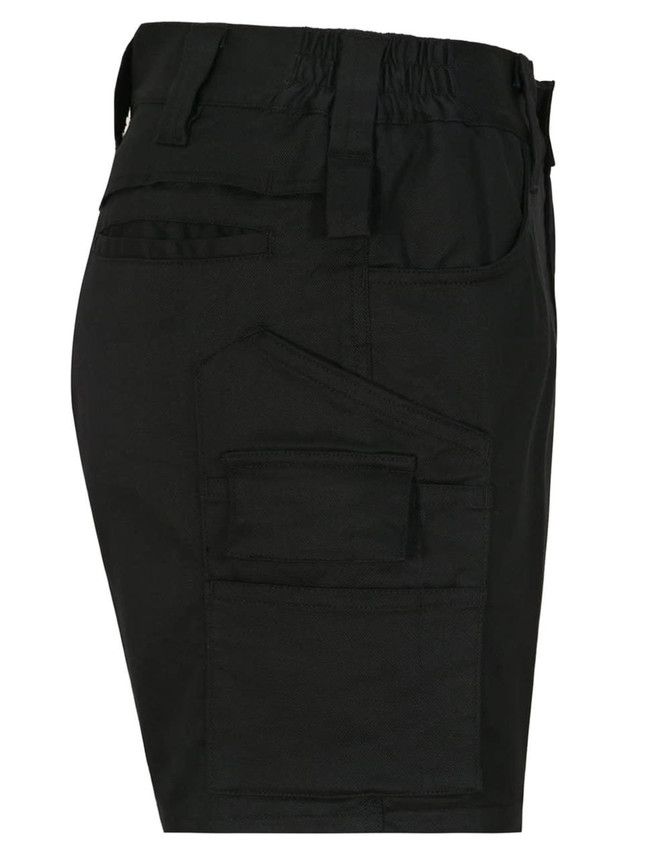 A pair of black unisex cotton stretch ripstop work shorts featuring multiple pockets and an elastic waistband.