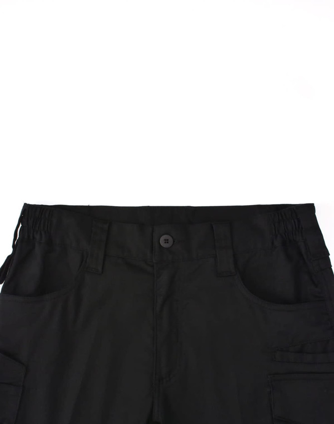 Black unisex cotton stretch ripstop work shorts featuring a button closure and multiple pockets, with a branded logo.
