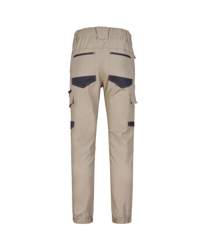 Unisex cotton stretch drill cuffed work pants in khaki with grey detailing and multiple pockets. Features a logo.