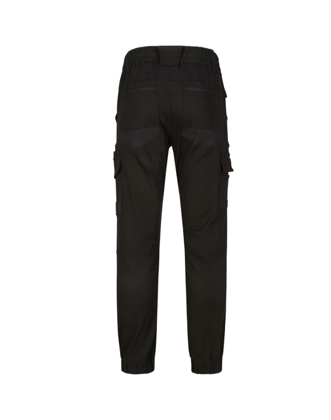 Unisex cotton stretch drill cuffed work pants in black, featuring a relaxed fit and multiple pockets.