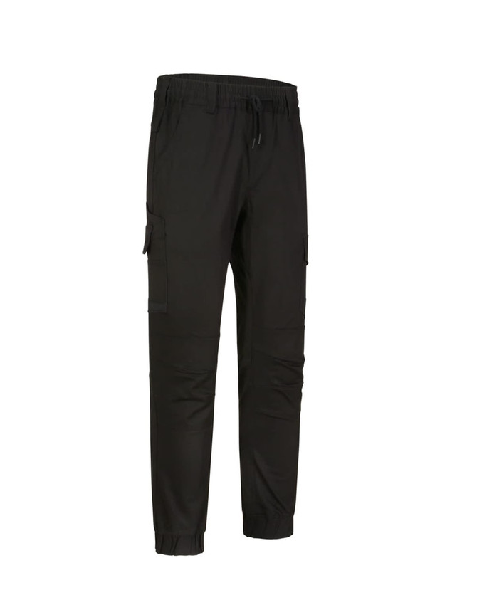 Unisex cotton stretch drill cuffed work pants in black, featuring side pockets and an elastic waistband.