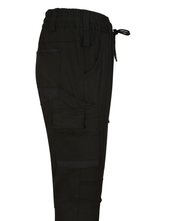 Unisex cotton stretch drill cuffed work pants in black, featuring multiple pockets and an adjustable drawstring waist.