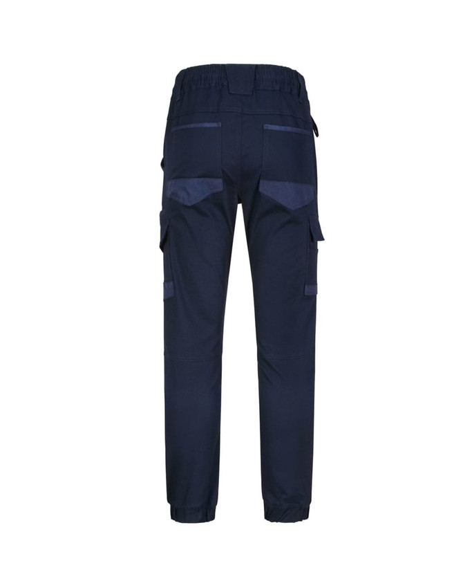 Unisex cotton stretch drill cuffed work pants in navy, featuring back pockets and elasticised cuffs.