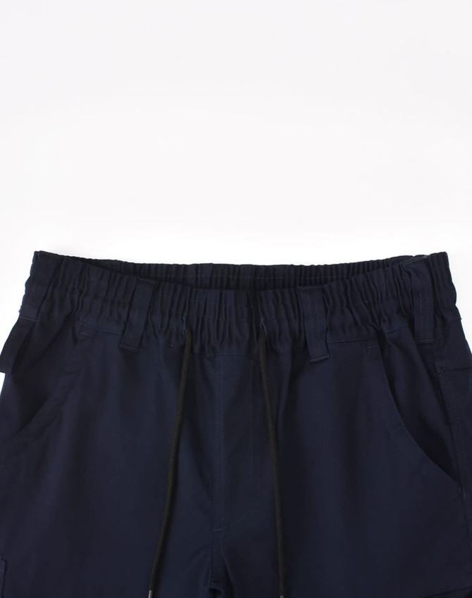 Unisex cotton stretch drill cuffed work pants in navy, featuring an elastic waistband and drawstring.