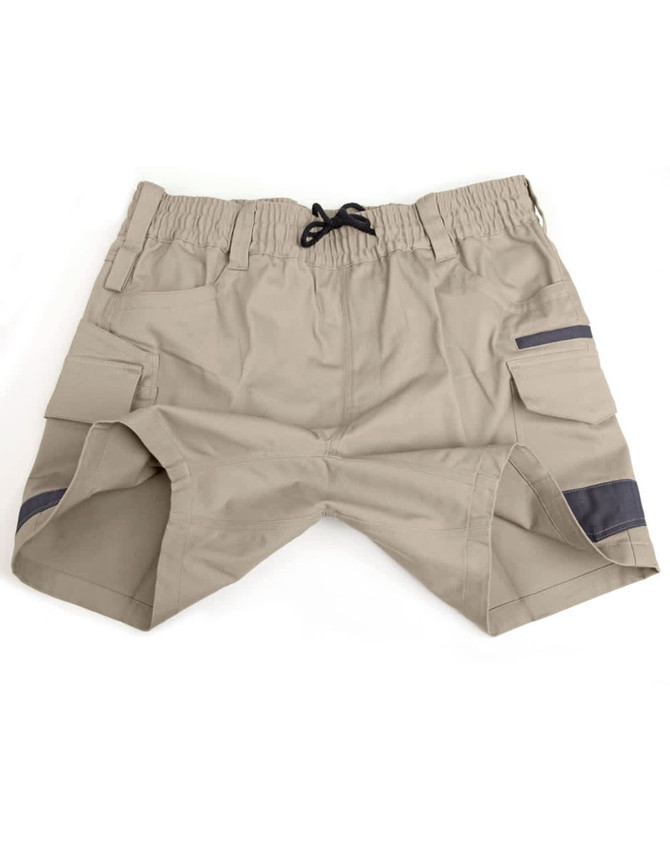 Unisex khaki stretch drill work shorts with elastic waistband and cargo pockets, featuring a contrasting dark detail.