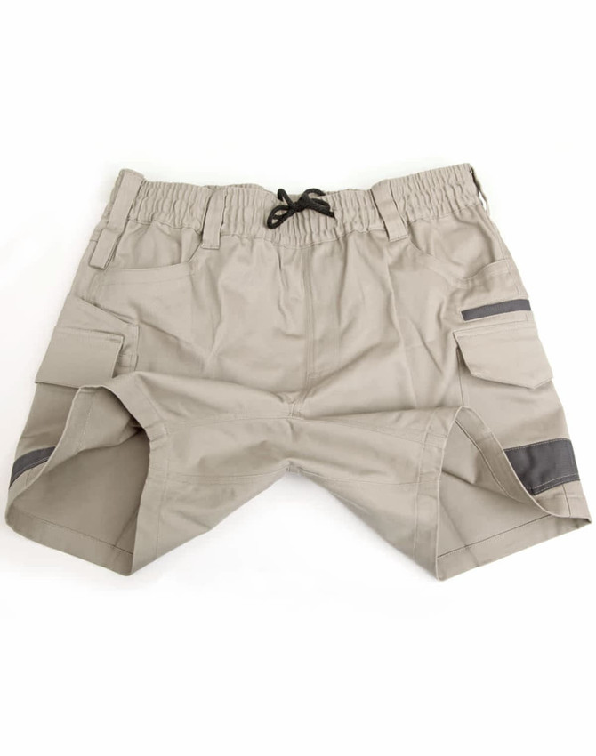 Beige unisex cotton stretch drill work shorts with an elastic waistband and pockets. The shorts have a logo and contrasting details.