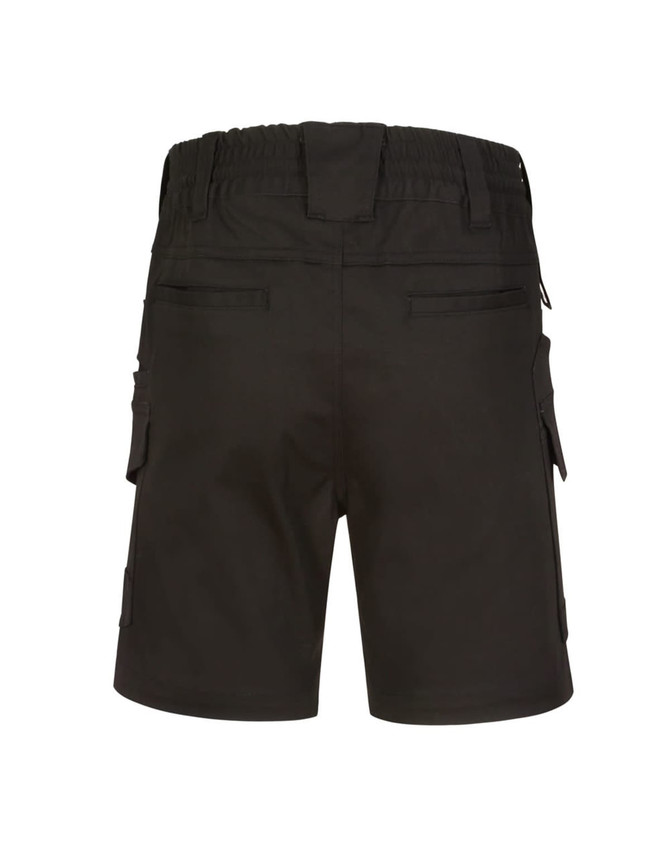 Unisex black cotton stretch drill work shorts featuring a rear view with multiple pockets and an elastic waistband.