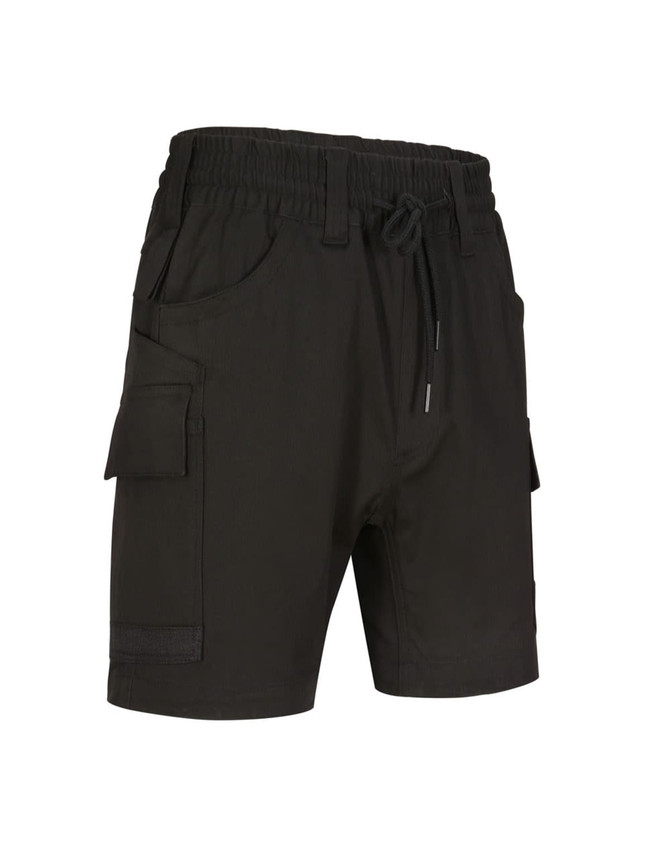 Unisex cotton stretch drill work shorts in dark green, featuring side pockets and an adjustable waistband.