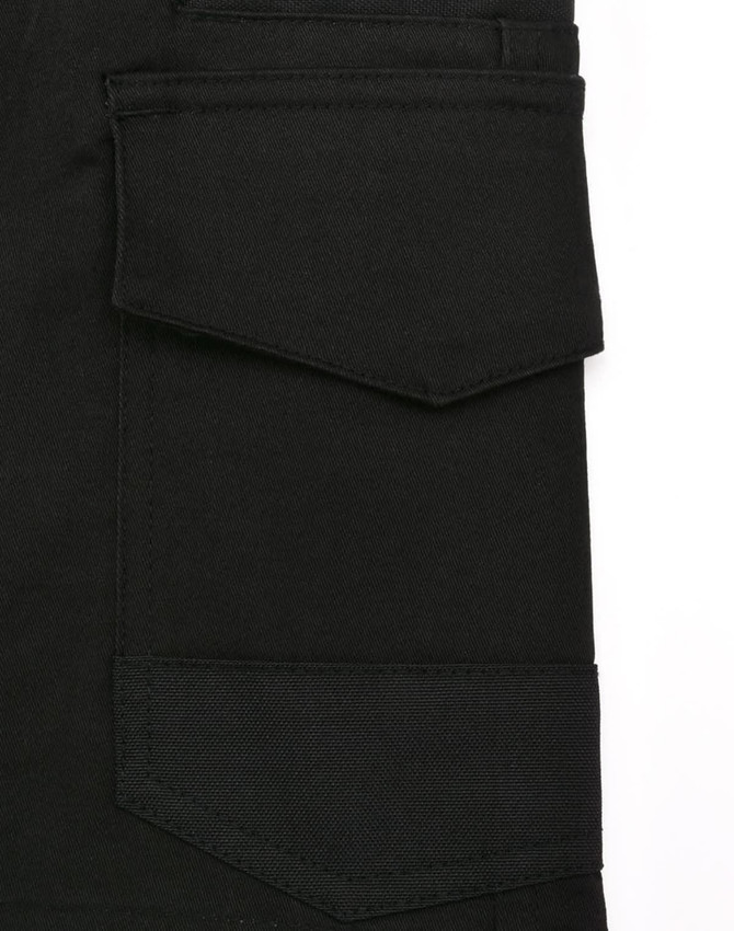 Black unisex cotton stretch drill work shorts featuring multiple pockets and a textured section. Includes a logo.