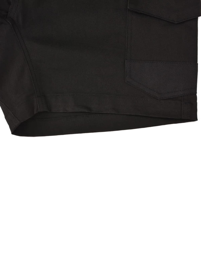 Unisex cotton stretch drill work shorts in black with a side pocket and a logo.