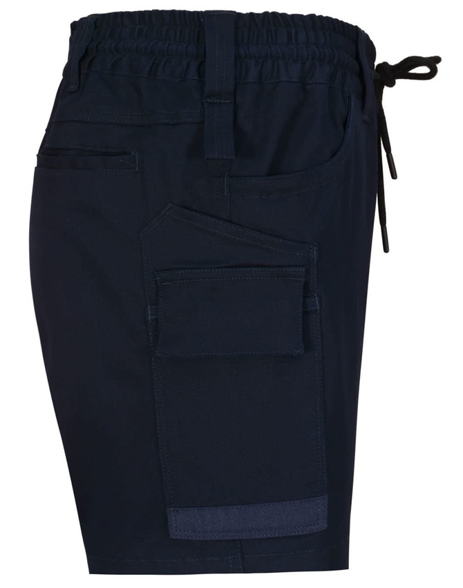 Unisex cotton stretch drill work shorts in navy, featuring an elastic waistband and side pocket.