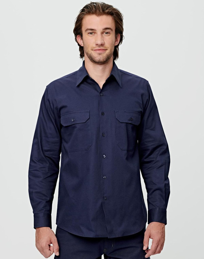 A long-sleeve, navy work shirt featuring two front pockets and a logo. Suitable for workwear.