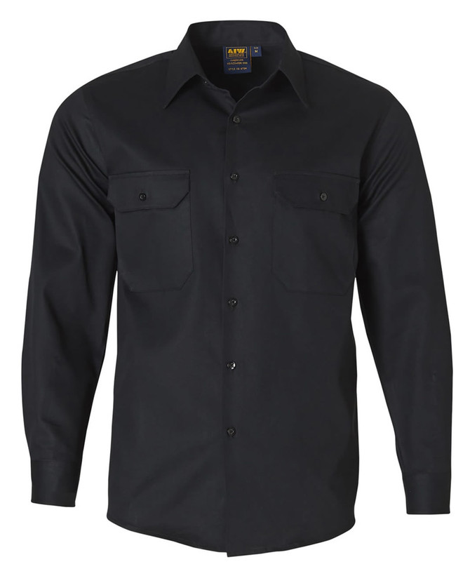 A black long-sleeve work shirt with two front pockets and a logo on the collar.