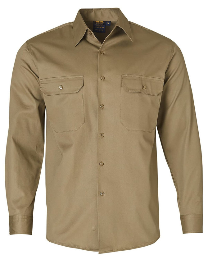 A long-sleeve, khaki work shirt featuring two chest pockets and a button-up front, with a logo on the label.