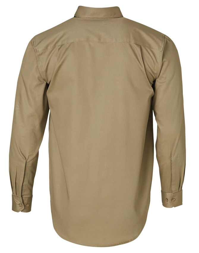 A long-sleeve, khaki work shirt with a back view, featuring buttoned cuffs and a logo on the front.