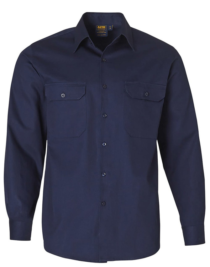 A navy blue long-sleeve shirt with dual chest pockets and a logo on the label. Suitable for workwear.