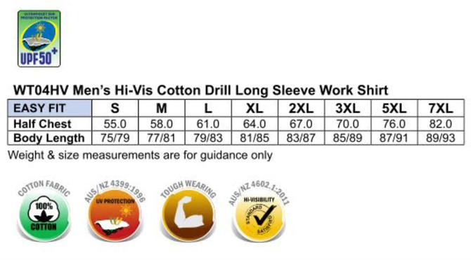 A promotional image of a Hi-Vis long sleeve work shirt in various sizes, featuring a logo and care instructions.