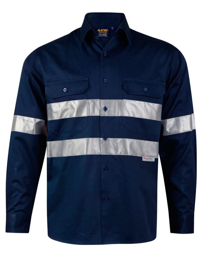 A navy blue long-sleeve work shirt with reflective silver tape and two chest pockets. It features a logo.