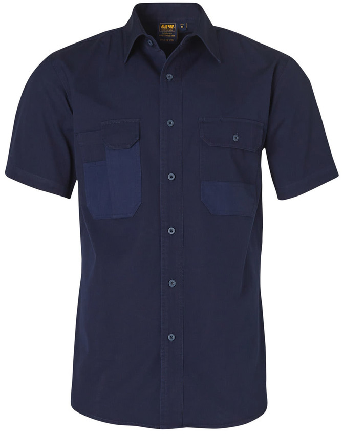 A navy short sleeve work shirt featuring two chest pockets and a branded logo.