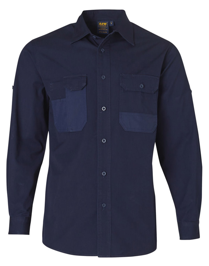 A navy long sleeve work shirt featuring two front pockets and a button-up design. Includes a logo branding.