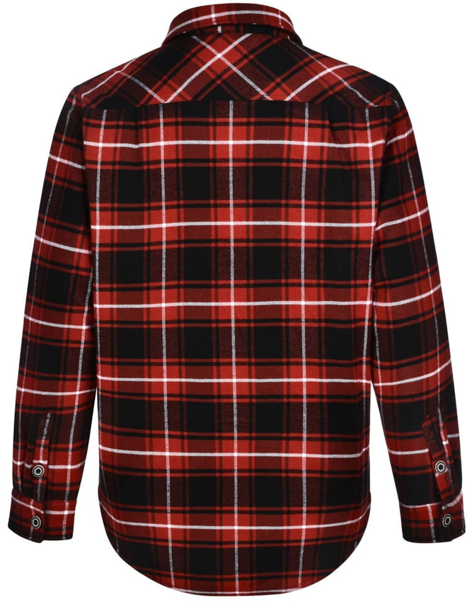 A red and black quilted flannel shirt with a plaid pattern and a logo on the back.