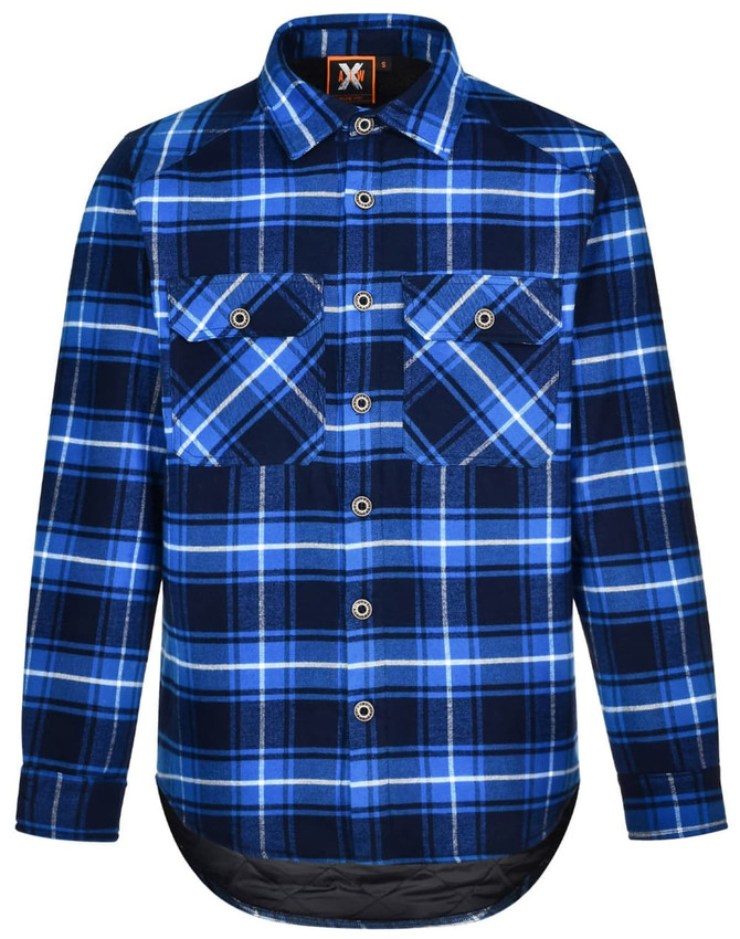 A blue and black checkered flannel shirt featuring two front pockets and a branded logo.