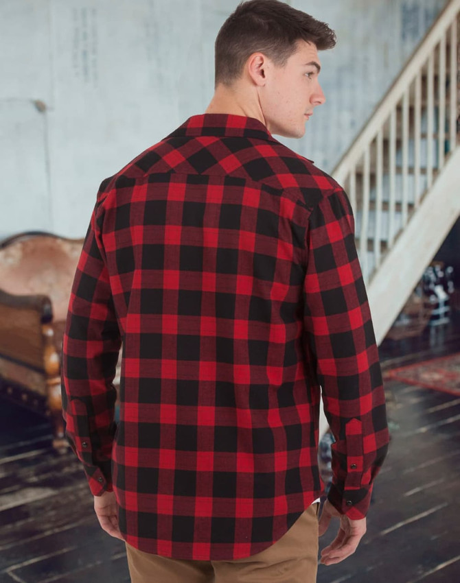 A red and black plaid unisex flannel button-up shirt displayed from the back, featuring long sleeves and a logo.