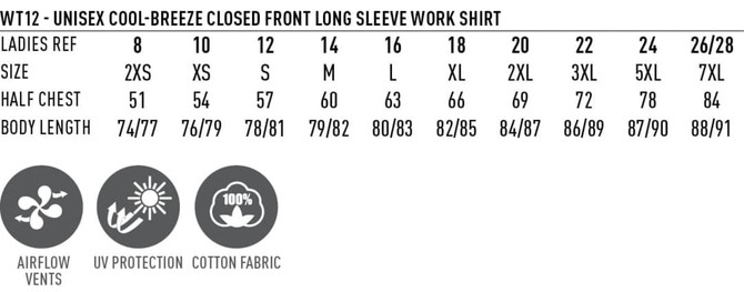 A sizing chart for the "Cool-Breeze Closed Front L/S Work Shirt" featuring various sizes with corresponding measurements.