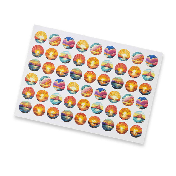 A sticker sheet featuring 26mm circle stickers with images of sunrises and sunsets in various colours.