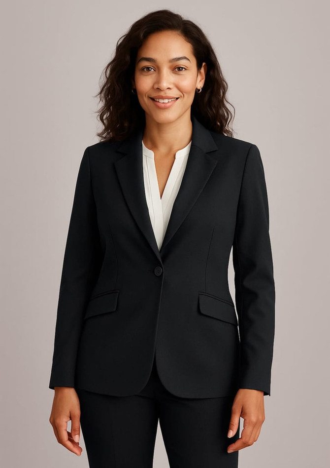 A black women's longline jacket featuring a fitted design, a single button closure, and flap pockets.