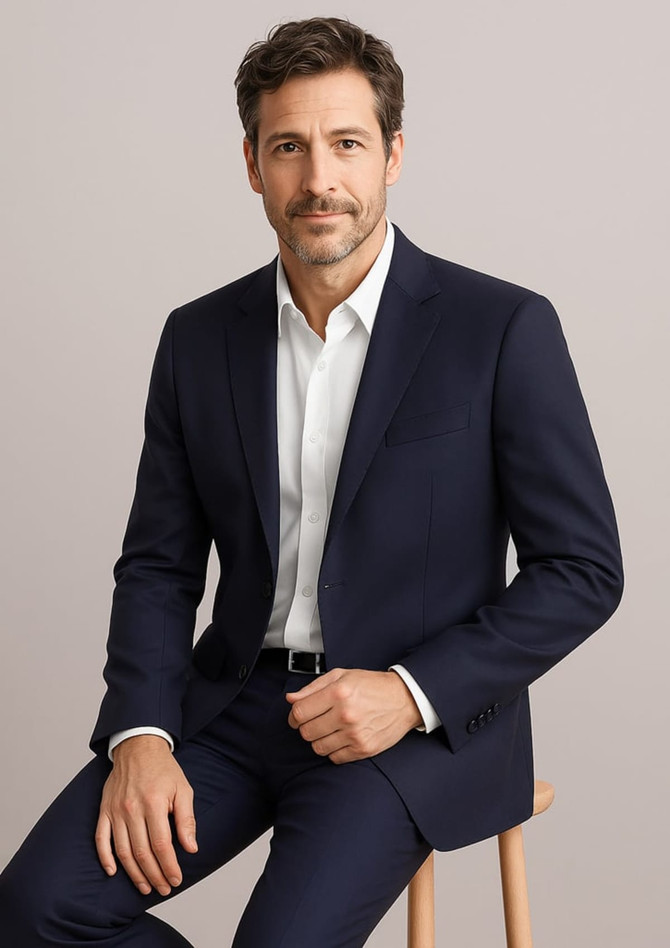 A navy blue men's blazer jacket displayed on a seated model, featuring a modern two-button design and a logo.