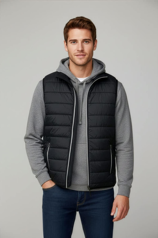 A black puffer vest is worn over a grey hoodie, paired with blue jeans. The model stands against a neutral background.