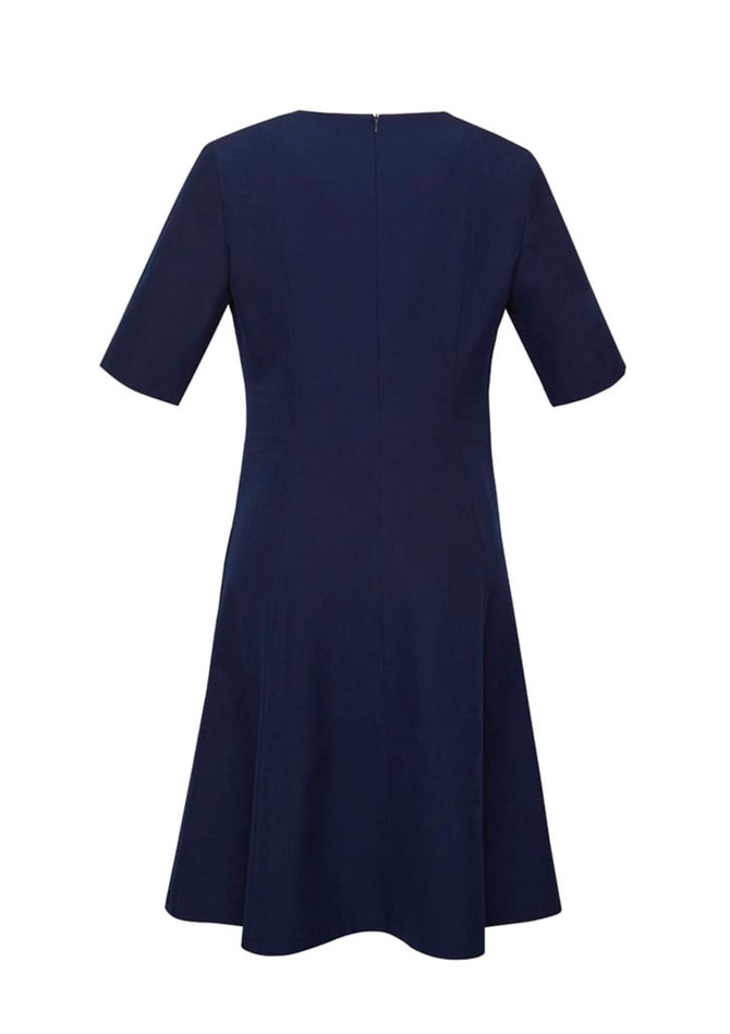A navy blue women's dress with an extended short sleeve and a flared skirt, featuring a back zipper and a logo.
