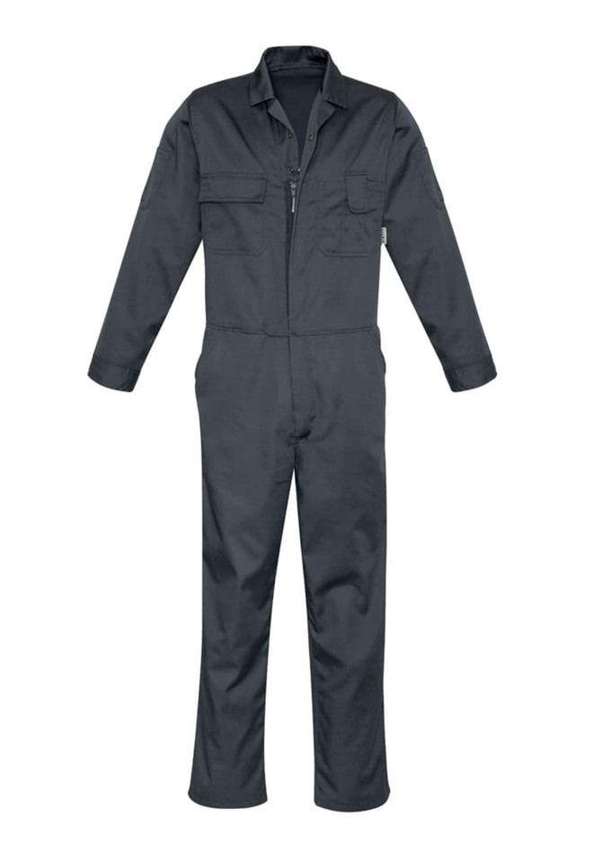 A dark grey men's service overall, featuring a zip front and multiple pockets. It has a logo displayed on it.