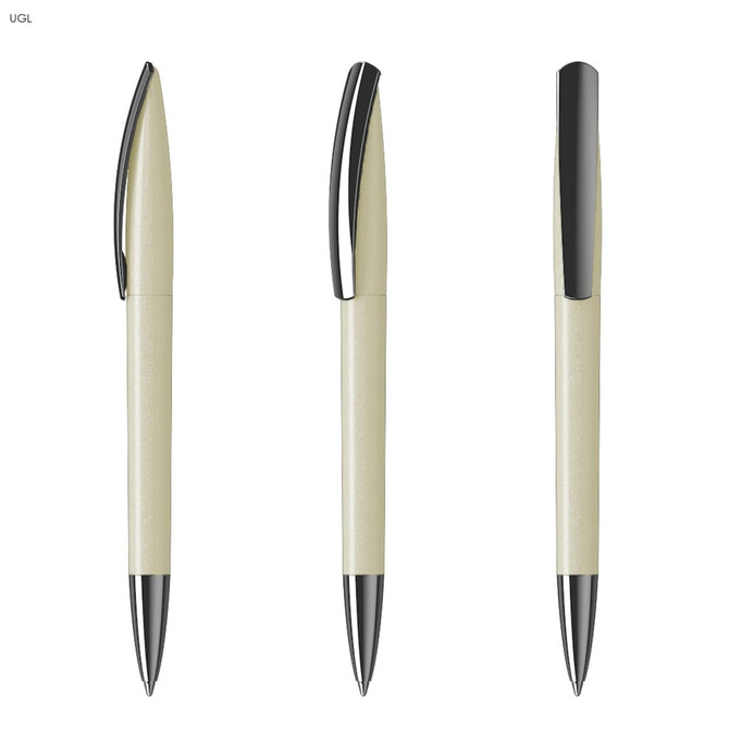 A metallic pen in cream with shiny black accents, featuring a sleek design and a built-in clip.