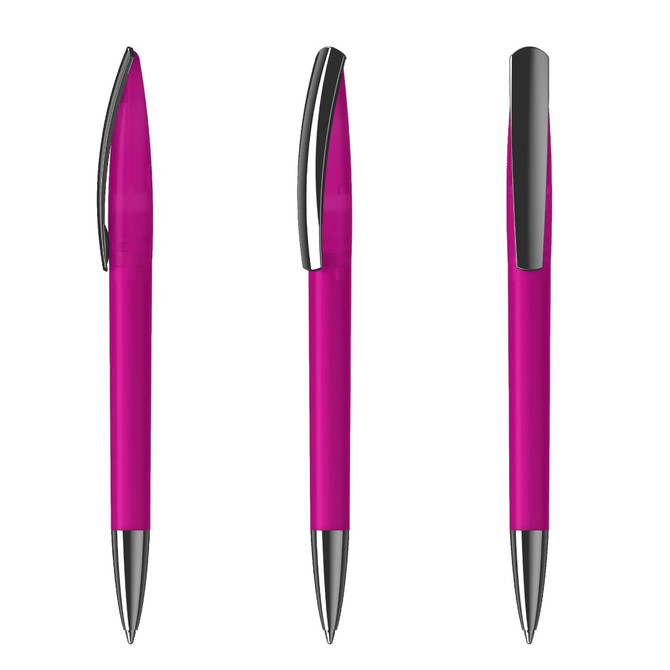 A pink plastic pen with a chrome clip and tip, displayed from three different angles. Features a simple design.