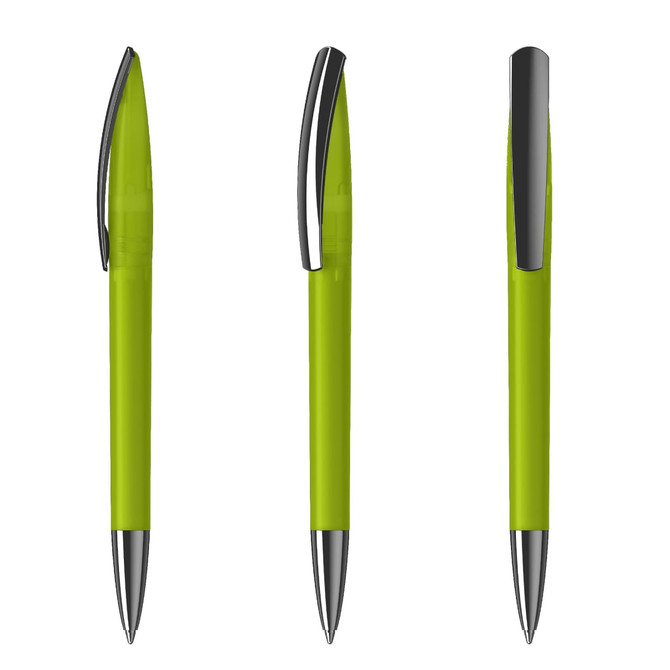 A green plastic pen with a silver clip, displayed in three angles, showcasing its sleek design.