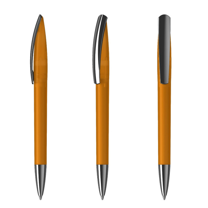 An orange plastic pen with a silver clip, displayed from three different angles. Features a branding logo.