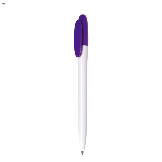 A plastic pen with a white body and a purple clip, featuring a logo on its surface.