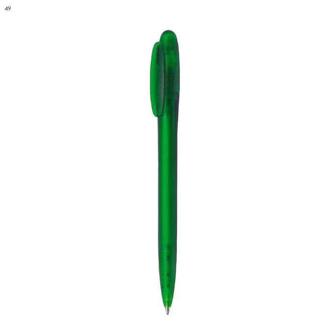 A plastic pen in a vibrant green colour, featuring a clip and a logo on its body.