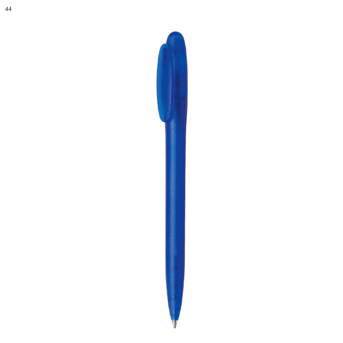 A plastic pen in a vibrant blue colour with a sleek design and a branding logo.