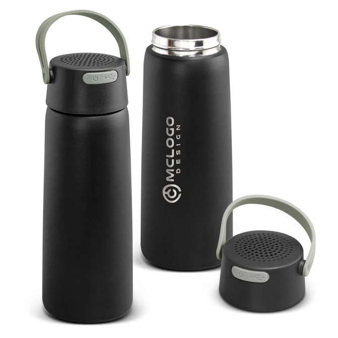 A drink bottle in matte black with a speaker top and a handle, featuring a logo. Includes a stainless steel section.